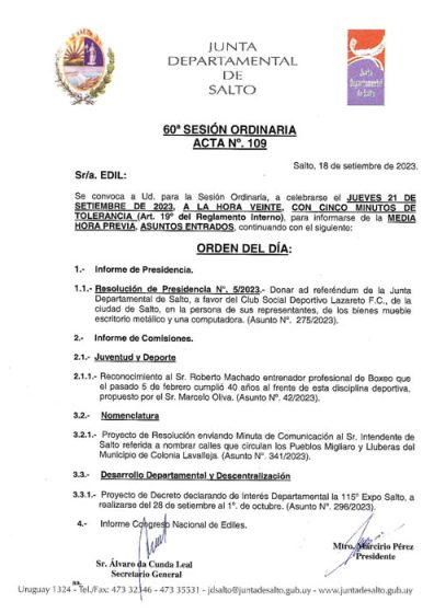 CONVOCATORIA A LA SESIÓN ORDINARIA DE LA CORPORACIÓN DE FECHA JUEVES 21 DE SETIEMBRE DE 2023 A LA HORA 20:00