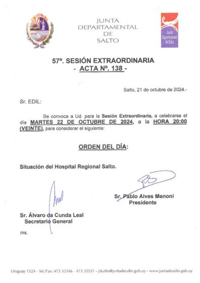 CONVOCATORIA A LA SESIÓN EXTRAORDINARIA DE LA CORPORACIÓN DE FECHA MARTES 22 DE OCTUBRE DE 2024 A LA HORA 20:00