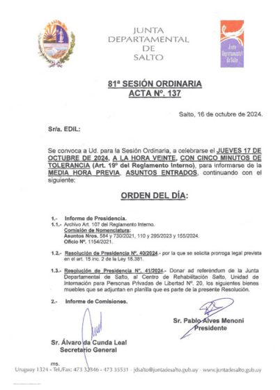 CONVOCATORIA A LA SESIÓN ORDINARIA DE LA CORPORACIÓN DE FECHA JUEVES 17 DE OCTUBRE DE 2024 A LA HORA 20:00