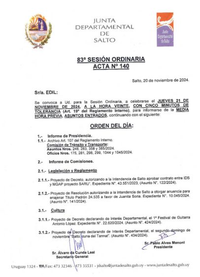 CONVOCATORIA A LA SESIÓN ORDINARIA DE LA CORPORACIÓN DE FECHA JUEVES 21 DE NOVIEMBRE DE 2024 A LA HORA 20:00