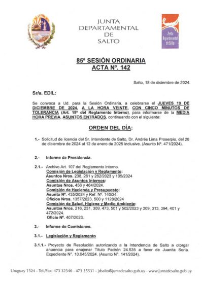 CONVOCATORIA A LA SESIÓN ORDINARIA DE LA CORPORACIÓN DE FECHA JUEVES 19 DE DICIEMBRE DE 2024 A LA HORA 20:00