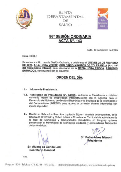 CONVOCATORIA A LA SESIÓN ORDINARIA DE LA CORPORACIÓN DE FECHA JUEVES 20 DE FEBRERO DE 2025 A LA HORA 20:00