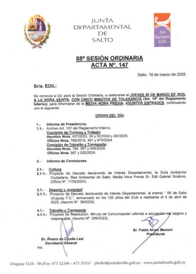 CONVOCATORIA A LA SESIÓN ORDINARIA DE LA CORPORACIÓN DE FECHA JUEVES 20 DE MARZO DE 2025 A LA HORA 20:00