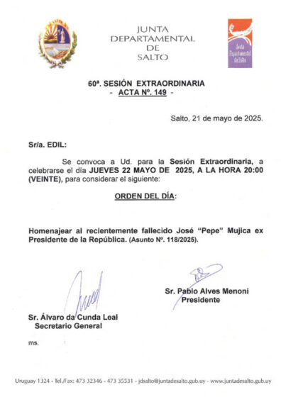 CONVOCATORIA A LA SESIÓN EXTRAORDINARIA DE LA CORPORACIÓN DE FECHA JUEVES 22 DE MAYO DE 2025 A LA HORA 20:00