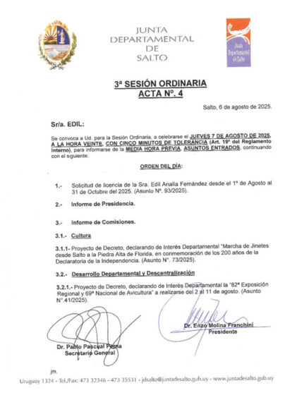 CONVOCATORIA A LA SESIÓN ORDINARIA DE LA CORPORACIÓN DE FECHA JUEVES 7 DE AGOSTO DE 2025 A LA HORA 20:00