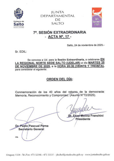 CONVOCATORIA A LA SESIÓN EXTRAORDINARIA DE LA CORPORACIÓN DE FECHA MARTES 25 DE NOVIEMBRE DE 2025 A LA HORA 20:30