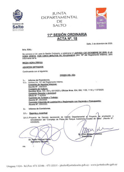 CONVOCATORIA A LA SESIÓN ORDINARIA DE LA CORPORACIÓN DE FECHA JUEVES 4 DE DICIEMBRE DE 2025 A LA HORA 20:00