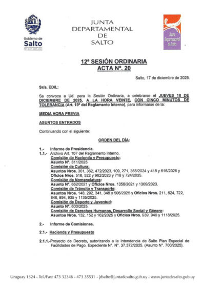 CONVOCATORIA A LA SESIÓN ORDINARIA DE LA CORPORACIÓN DE FECHA JUEVES 18 DE DICIEMBRE DE 2025 A LA HORA 20:00