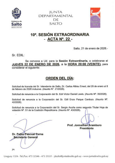 CONVOCATORIA A LA SESIÓN EXTRAORDINARIA DE LA CORPORACIÓN DE FECHA JUEVES 22 DE ENERO DE 2026 A LA HORA 20:00