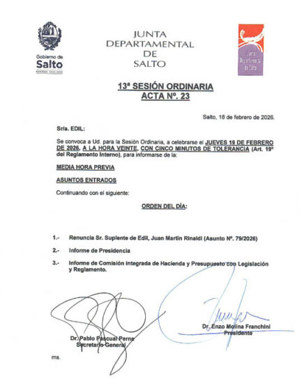 CONVOCATORIA A LA SESIÓN ORDINARIA DE LA CORPORACIÓN DE FECHA JUEVES 19 DE FEBRERO DE 2026 A LA HORA 20:00