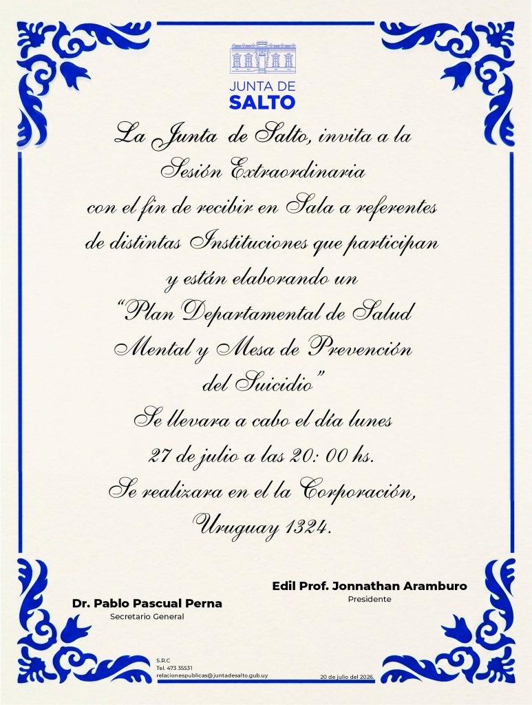 La Junta de Salto, invita a la Sesión Extraordinaria, “Plan Departamental de Salud Mental y Mesa de Prevención del Suicidio”.